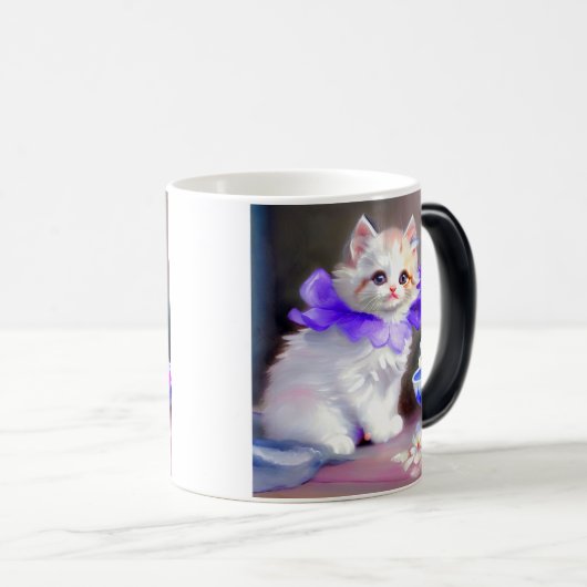 Mug Magique Chat blanc avec collier de fleurs violettes (Devant droit)