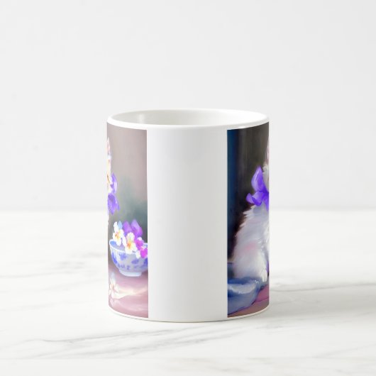 Mug Magique Chat blanc avec collier de fleurs violettes (Centre)