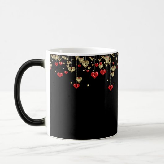 Mug Magique Cœurs rouges et dorés sur fond noir (Gauche)