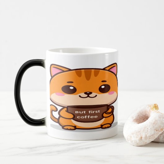Mug Magique Cute Orange Tabby But First Coffee (Avec donut)