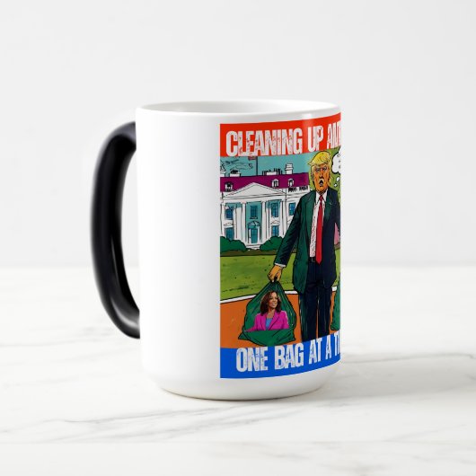 MUG MAGIQUE DONALD TRUMP - NETTOYER L'AMÉRIQUE, UN SAC PAR FOI (Devant gauche)