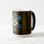 Mug Magique Engrenages à vapeur et papillons bleus (Devant droit)