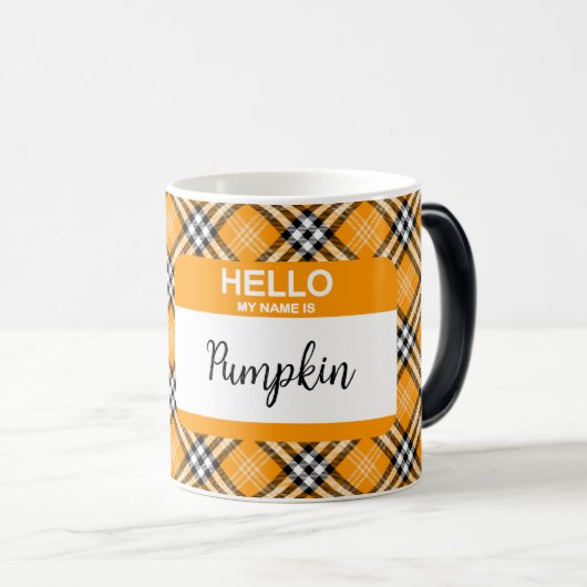 Mug Magique Fall Tartan Plaid Bonjour Mon nom est Citrouille O (Devant droit)