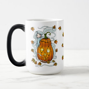 Mug Magique Feuilles mignons du fantôme et Jack-o-lanterne en 
