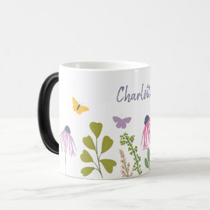 Mug Magique Fleurs de jardin et papillons Nom personnalisé