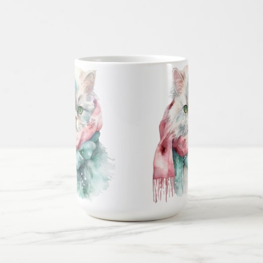 MUG MAGIQUE FLUFFER HIVER CHAT VERT & BLEU CASQUETTE ÉCRAN (Centre)