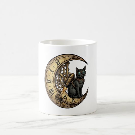 Mug Magique Fusée Chat Noir Steampunk Lune Engrenages Célestes (Centre)