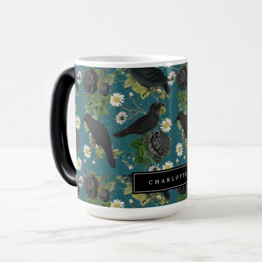Mug Magique Goth Crows et Roses noirs Profond Turquoise Motif (Devant gauche)