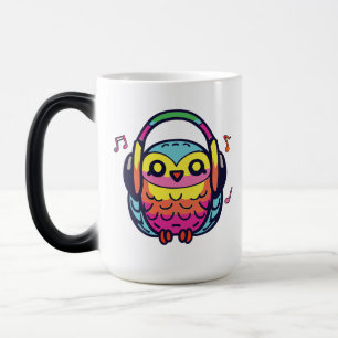 Mug Magique Happy Owl avec écouteurs écoutant de la musique.