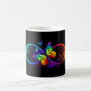 Mug Magique Infini vibrant avec papillon arc-en-ciel sur noir