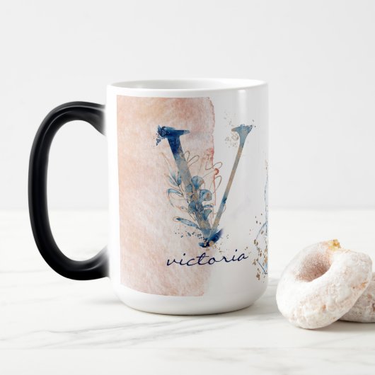 Mug Magique Initiale V Moderne Elegant Ocean Gold Aquarelle (Avec donut)