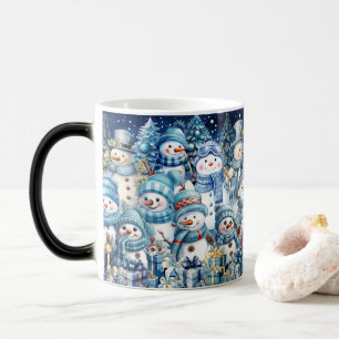 Mug Magique Jolie famille de bonhomme de neige aquarelle bleue