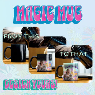 Mug Magique Joyeux anniversaire ! Chat dans le jardin de fleur
