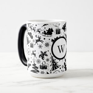Mug Magique Joyeux Noël élégant en noir et blanc Monogramme