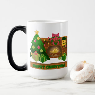 Mug Magique Joyeux Noël près de la cheminée bonfire xmas arbre