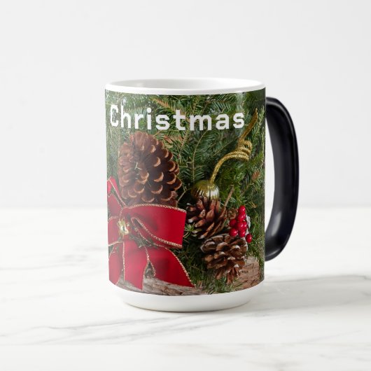 Mug Magique Joyeux Noël Red Bow Pine Cônes PIne Branches (Devant droit)