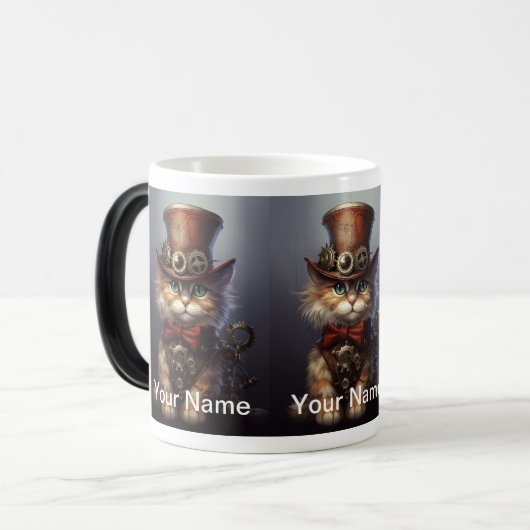 Mug Magique Kitten Steampunk avec arc rouge et chapeau supérie (Devant gauche)