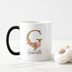 Mug Magique Lettre de nom personnalisée G Rose poudré et feuil