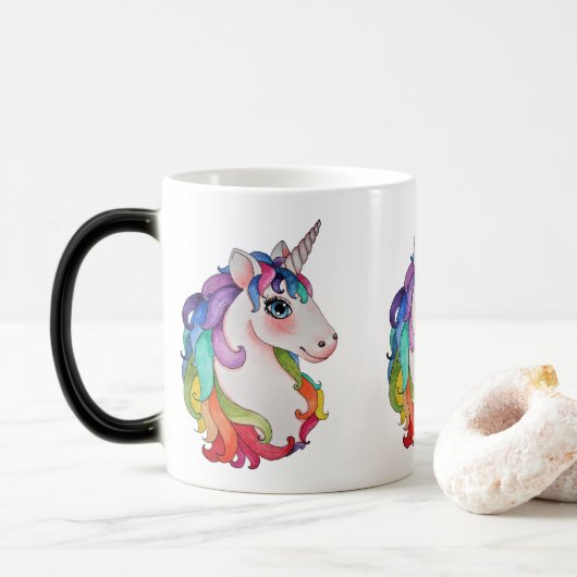 Mug Magique Licorne d'aquarelle avec des cheveux d'arc-en-ciel (Avec donut)