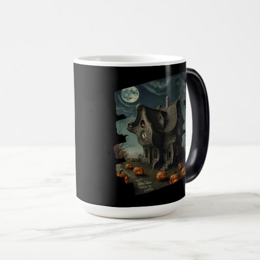 Mug Magique Maison Haunween avec Citrouilles et Pleine lune (Devant droit)