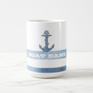 Mug Magique Nom de bateau nautique,Ancre,Corde,Rayes bleu clai