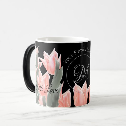 Mug Magique Nom De Famille Élégant Monogramme Peach Tulips Pei (Devant gauche)