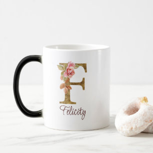 Mug Magique Nom personnalisé Lettre F Rose Pâle Feuille d'Or R