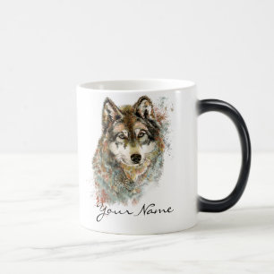Mug Magique Nom personnalisé ou texte Loup aquarelle animal