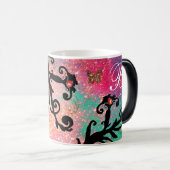 MUG MAGIQUE PAPIER PAILLETÉ ROSE PAPILLON, MONOGRAMME FLORAL N (Devant droit)