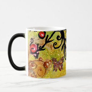 MUG MAGIQUE PAPILLON JAUNE ÉTINCELLES, MONOGRAMME FLORAL NOIR,