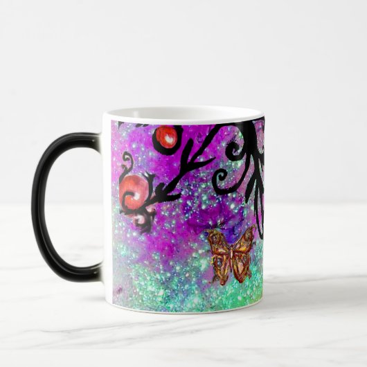MUG MAGIQUE PAPILLON PAILLONS VIOLETS, MONOGRAMME FLEURALE NOI (Gauche)
