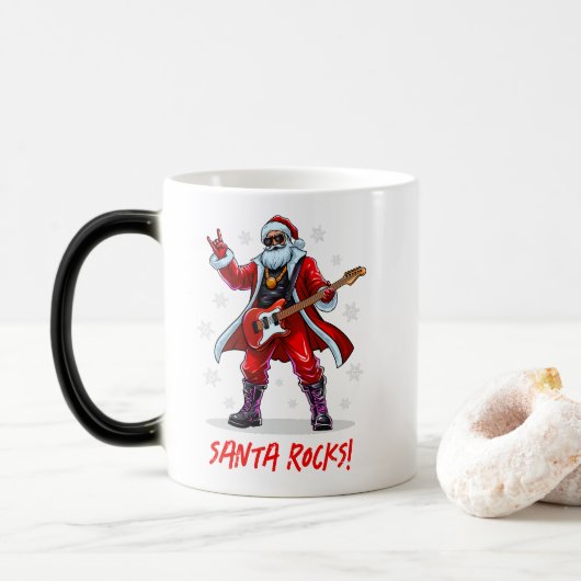 Mug Magique Père Noël Rocks ! Funny Père Noël jouant de la gui (Avec donut)