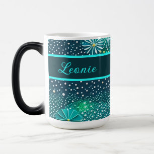 Mug Magique points turquoise bleu et motifs de fleurs