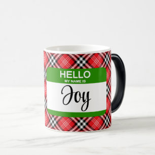 Mug Magique Red Plaid Bonjour Mon Nom Est Joyeux Tag Fun Holid