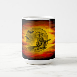 Mug Magique Sorcière volante avec chat noir, nuit halloween