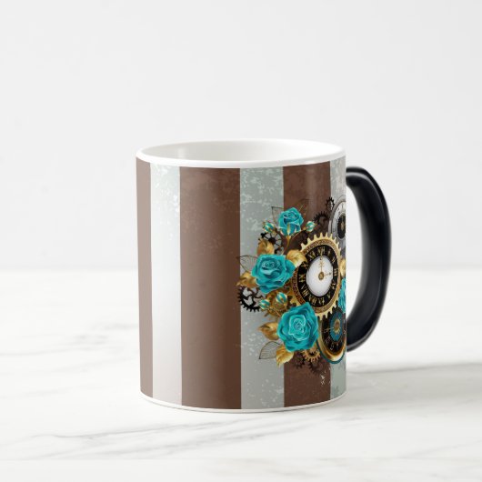 Mug Magique Steampunk Clock and Turquoise Roses on Striped (Devant droit)