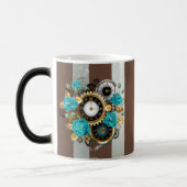 Mug Magique Steampunk Clock and Turquoise Roses on Striped (Gauche)