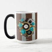 Mug Magique Steampunk Clock and Turquoise Roses on Striped (Gauche)