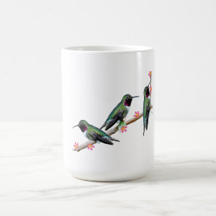Mug Magique Trois colibris perchés sur une branche d'une fleur