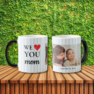 Mug Magique Un Coeur Bleu Stripes We Love You Mom Photo