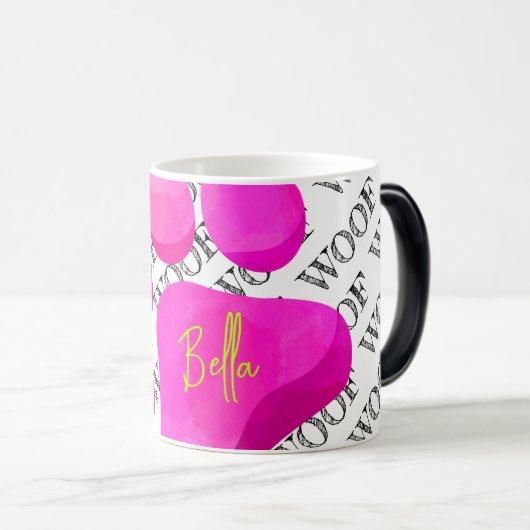 Mug Magique WOOF rose empreinte de patte CHIEN NOM animal de c (Devant droit)