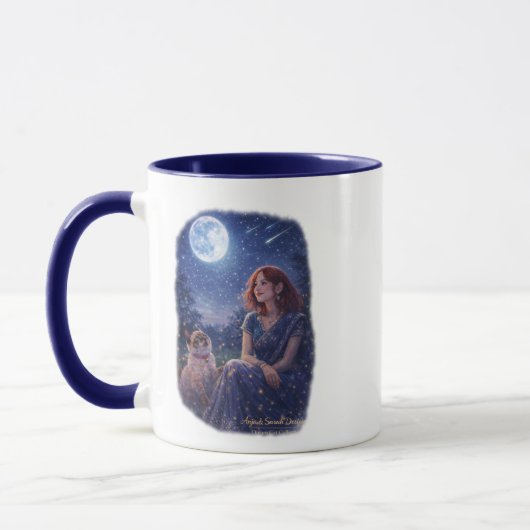 Mug Magische Dream Cat - Mädchen mit Katze unterm Mond (Gauche)