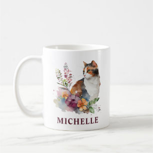Mug Magnifique chat calico et fleurs à l'aquarelle