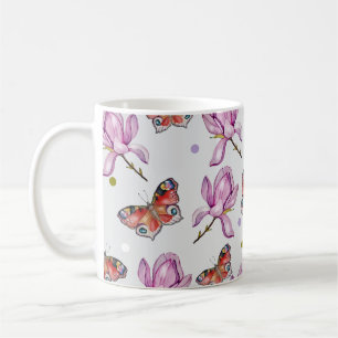 Mug Magnolia et papillons, motif aquarelle