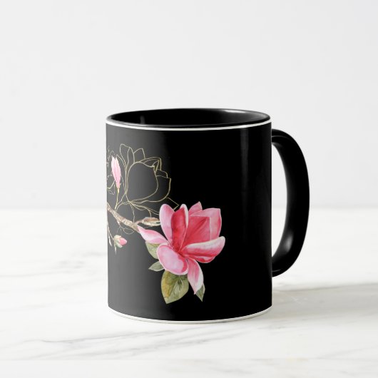 Mug Magnolia rose et or sur noir (Devant droit)