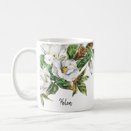 Mug ☕ Magnolias d'aquarelle Nom ou monogramme (Gauche)