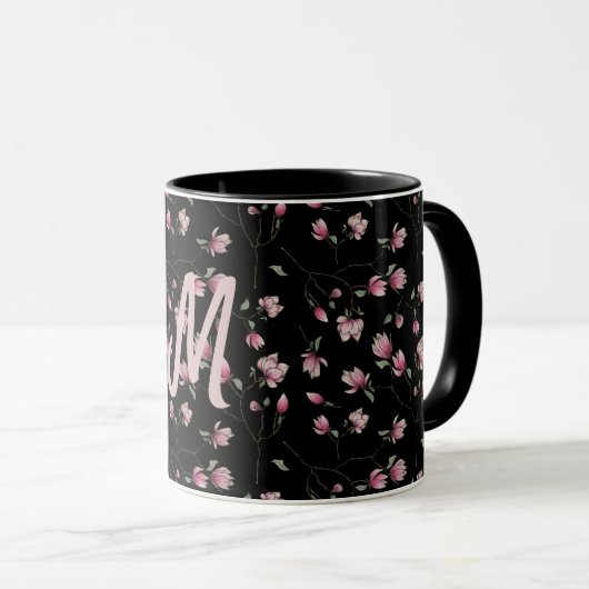 Mug Magnolias rose&blanc sur noir personnalisé initial (Devant droit)