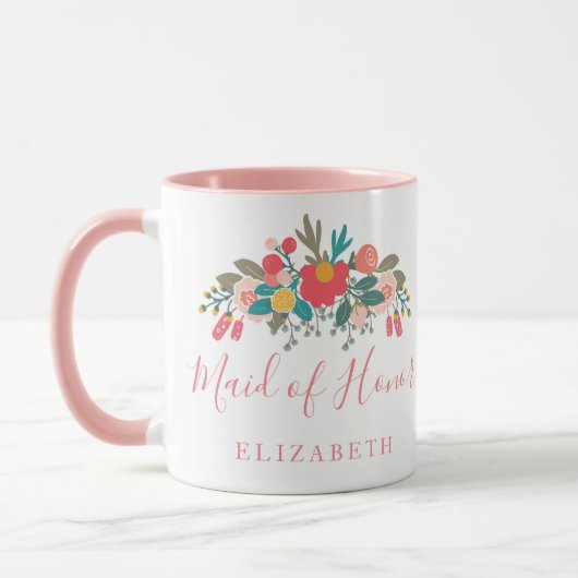 Mug Maid of Honor avec le nom Pink Floral Bouquet (Gauche)