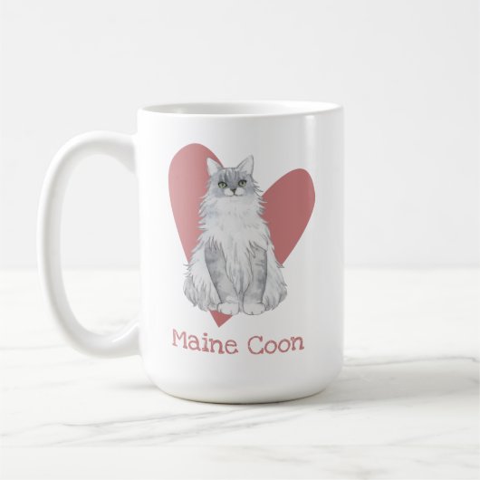 Mug Maine Coon Chat Aquarelle Kitty Coeur rose (Gauche)