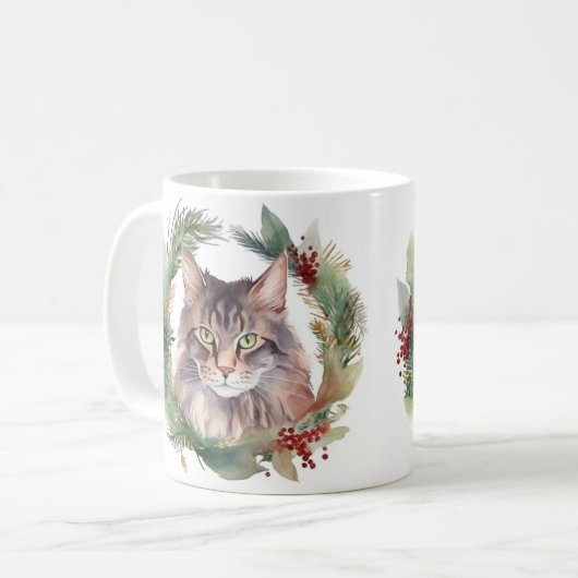Mug Maine Coon Chat Noël Wreath Festive Kitten (Devant gauche)